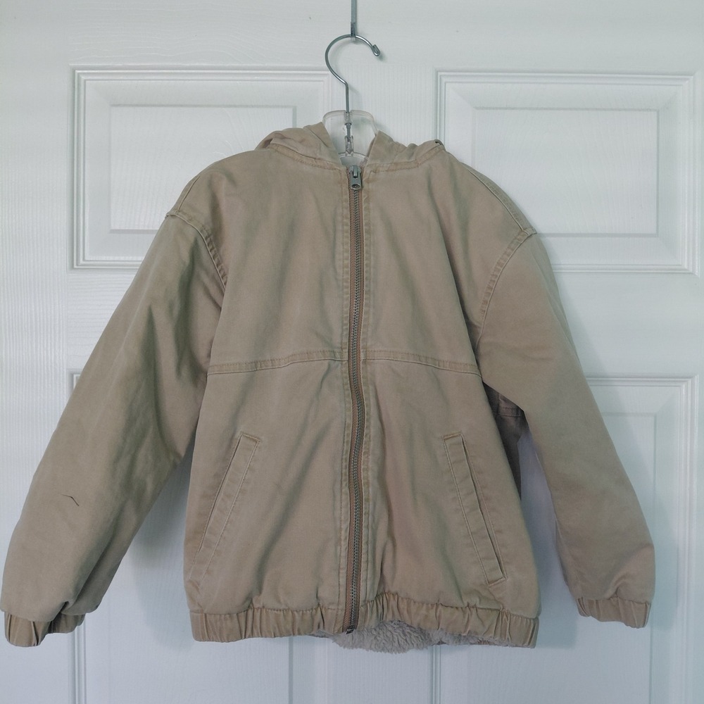 Abercrombie Kids Tan Canvas Sherpa Lined Hooded Workwear Jacket Size 5/6
